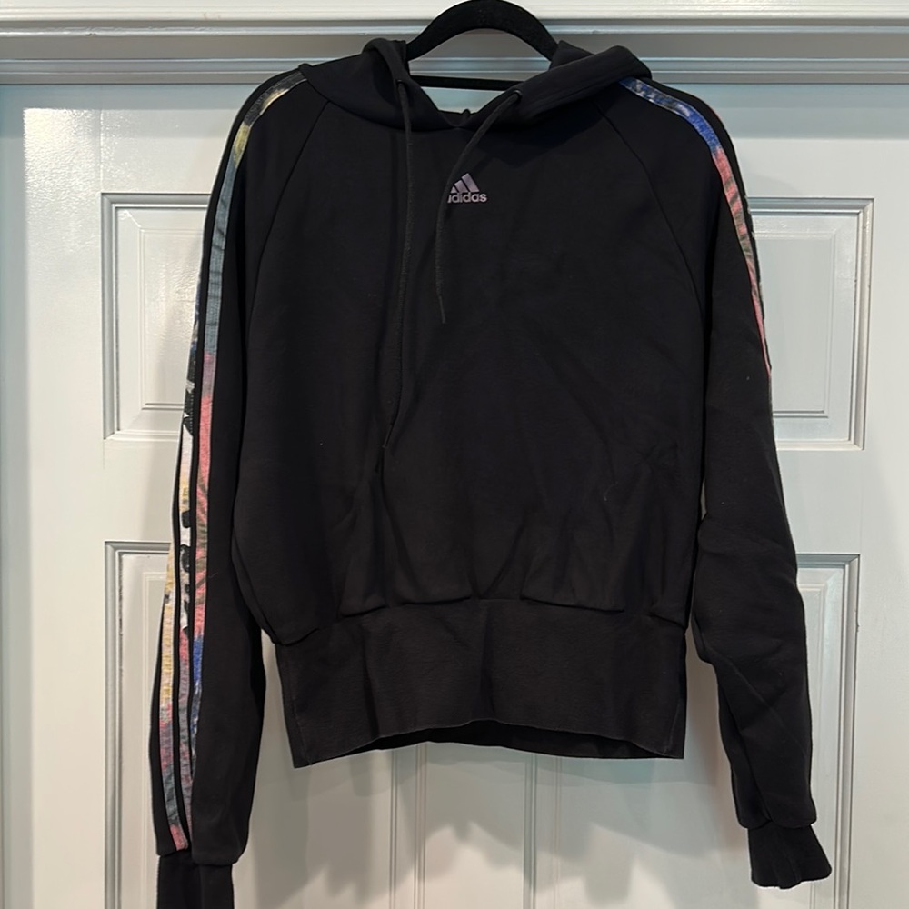 Adidas Black Hoodie with Multicolor Stripes
